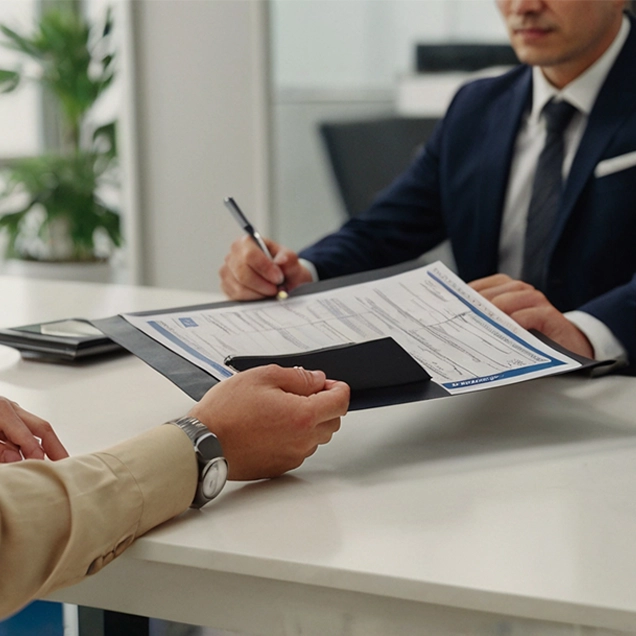 A client and a consultant handling paperwork at one of the top immigration consultants in Kochi.